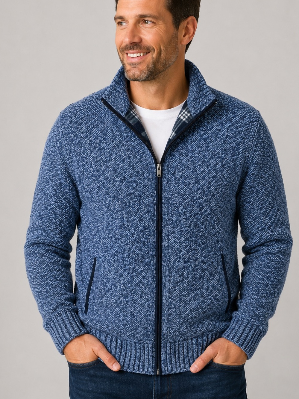 7 Diamonds Men’s Large Blue Full Zip Sweater Plaid Fleece Lined